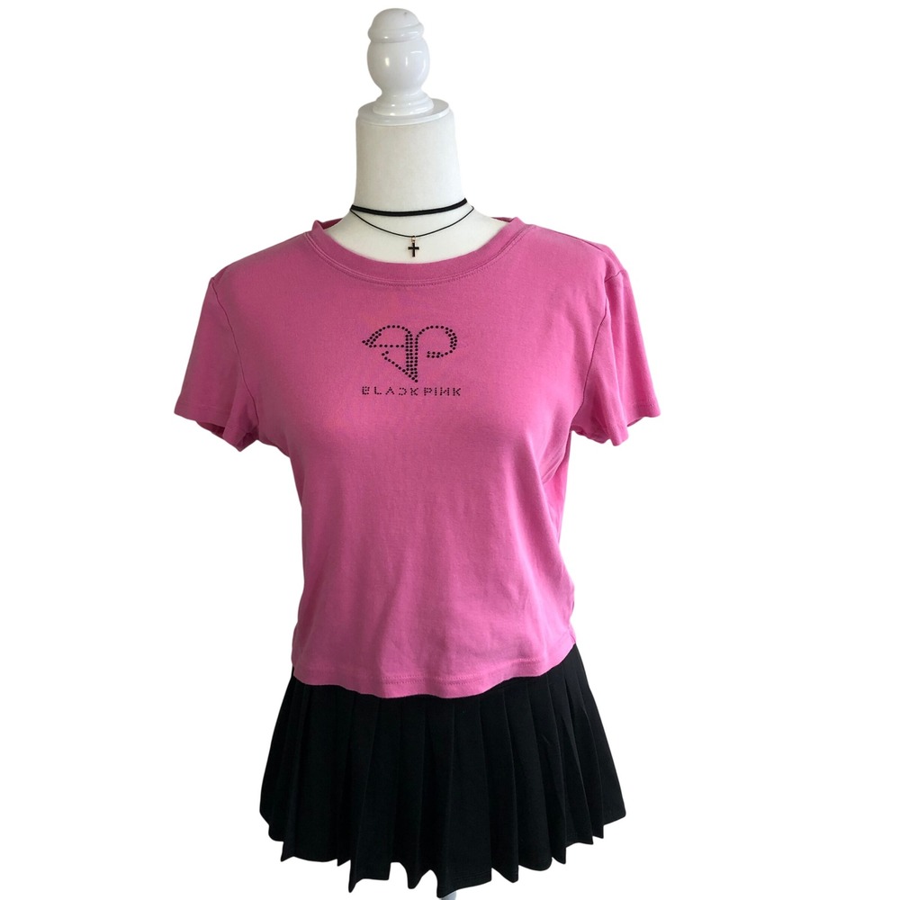 H&M x BLACKPINK Pink Rhinestone Heart Graphic Baby Tee Shirt Womens L K-Pop